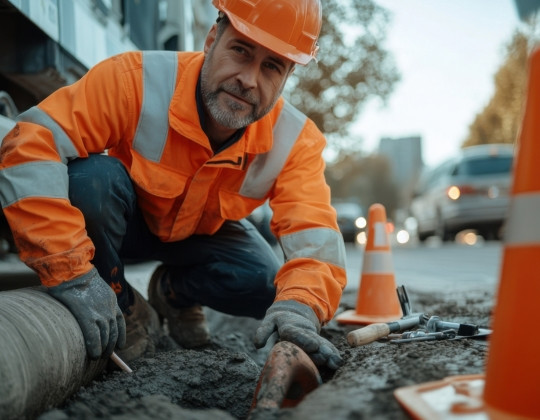 Straßenbaumitarbeiter auf einer Baustelle in oranger Warnkleidung Imagebild2 Onlineshop 540x420 px